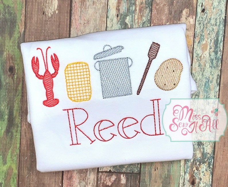 May include: A white t-shirt with red embroidery of a crawfish, a yellow and white checkered pattern, a gray pot, a brown wooden spoon, and a brown potato. The text "Reed" is embroidered in red below the images.
