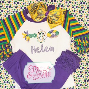 Girls' Personalized Mardi Gras Ruffle Outfit, Purple Leggings