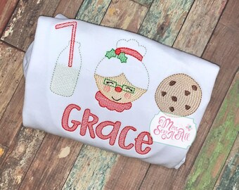 Girls Mrs. Claus Christmas Shirt, Stitched Cookies and Milk Design, Girls Christmas Shirt