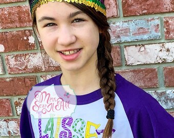 Sequin Mardi Gras Headband, Gold Purple Green Elastic Headband