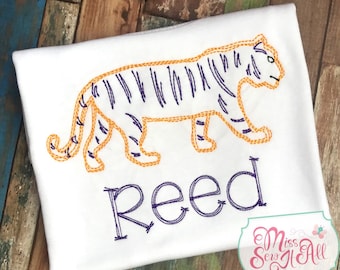 Boys Embroidered Tiger Shirt, Purple and Gold, Custom Name