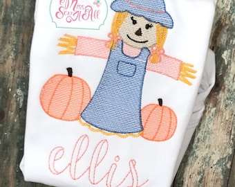 Girls Scarecrow Shirt, Embroidered Fall Top, Personalized Monogram