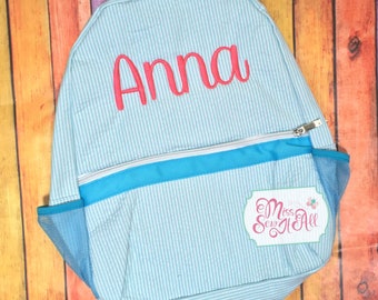 Girls Monogrammed Seersucker Backpack