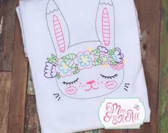 Girls Vintage Stitched Bunny Shirt, Flower Crown, Easter