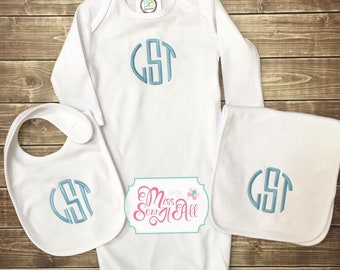 Monogram Baby Boy Gift Set, Gown, Bib and Burp Cloth