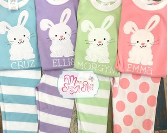 Children's Striped Bunny Pajamas - Custom Easter Bunny Pajamas - Custom Easter Pajamas - Children's Easter Pajamas - Spring Pajamas