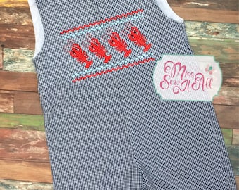 Boys Navy Gingham Crawfish Jon Jon, Faux Smocked Romper