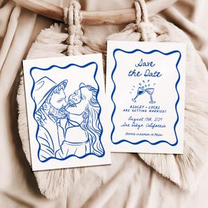 Minimalistische Line Art Save the Date Karten, Hochzeitsankündigung, einzigartige handgezeichnete Paar Illustration, moderne Hochzeitspapeterie