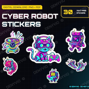 Cyberpunk-robotklistermärken | 30 digitala PNG-planerark | Neon Gamer-klistermärkespaket | Utskrivbara klistermärkesark Letter A4