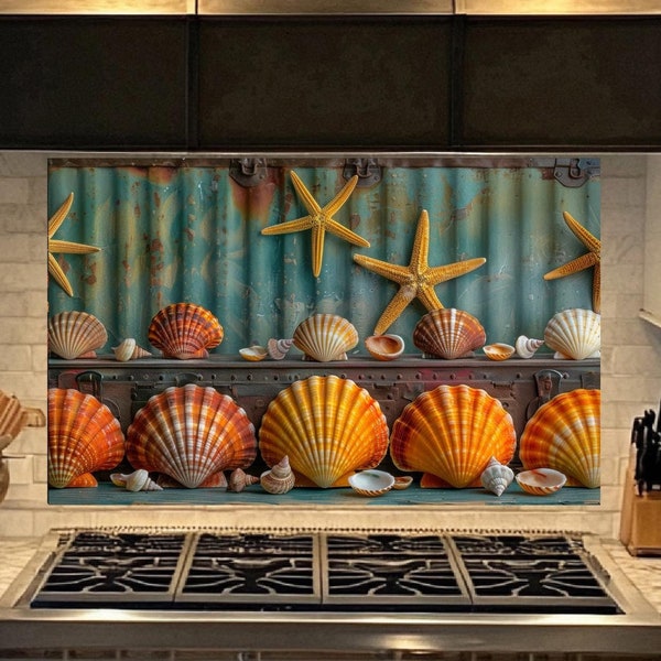 Seashell Tempered Glass Backsplash,Kitchen Backsplash Behind Stove,Glass Backsplash for Kitchen,Rustic Kitchen Backsplash Behind Stove
