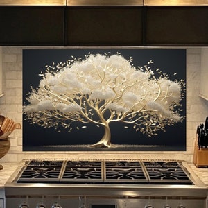 Tree of Life Tempered Glass Backsplash,Kitchen Backsplash Behind Stove,Glass Backsplash for Kitchen,Rustic Kitchen Backsplash Behind Stove