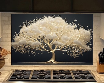 Tree of Life Tempered Glass Backsplash,Kitchen Backsplash Behind Stove,Glass Backsplash for Kitchen,Rustic Kitchen Backsplash Behind Stove
