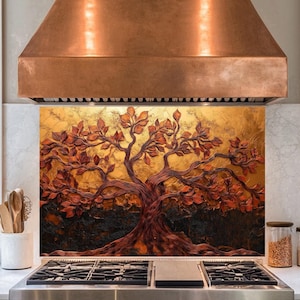 Panneau de dosseret de poêle en verre trempé Tree of Life, couvercle supérieur de poêle, carrelage pour dosseret de cuisine, décoration de cuisine, couvercle arrière de poêle, crédence