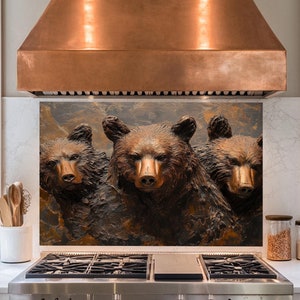 May include: A stainless steel stove with a copper range hood above it. The backsplash features a three-dimensional image of three brown bears.