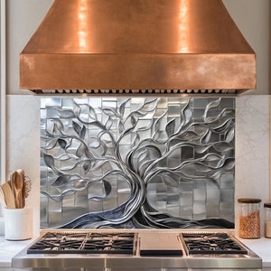 Panneau de dosseret de poêle en verre trempé Silver Tree of Life, couvercle supérieur de poêle, carreau de dosseret de cuisine, décoration de cuisine, couvercle arrière de poêle, crédence