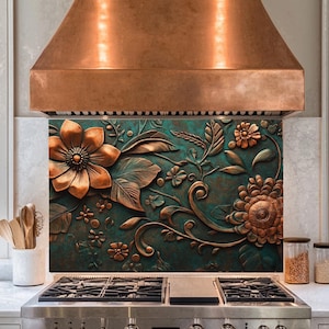 Flowers Copper Tempered Glass Backsplash,Copper Splashback Tile,Backsplash Behind Stove,Glass Backsplash For Kitchen,Splashback Back Cover