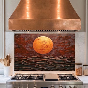 Panneau de dosseret de poêle en verre trempé Copper Mountain & Moon, couvercle supérieur de poêle, carrelage pour dosseret de cuisine, décoration de cuisine, couvercle arrière de poêle, crédence