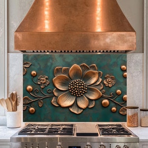 Copper Flower Tempered Glass Backsplash,Copper Splashback Tile,Backsplash Behind Stove,Glass Backsplash For Kitchen,Splashback Back Cover