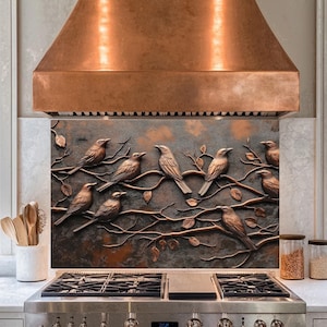 Koperen boom en vogels backsplash van gehard glas,koperen spatschermtegel,backsplash achter fornuis,glazen achterwand voor keuken, spatwand