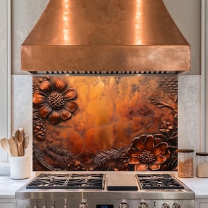 Flowers Copper Tempered Glass Backsplash,Copper Splashback Tile,Backsplash Behind Stove,Glass Backsplash For Kitchen,Splashback Back Cover