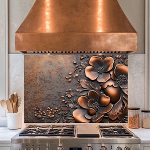Copper Flowers Tempered Glass Backsplash,Copper Splashback Tile,Backsplash Behind Stove,Glass Backsplash For Kitchen,Splashback Back Cover