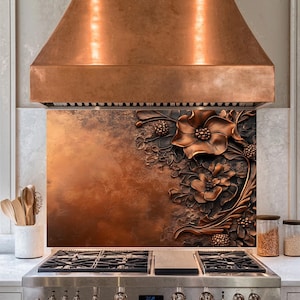 Copper Flowers Tempered Glass Backsplash,Copper Splashback Tile,Backsplash Behind Stove,Glass Backsplash For Kitchen,Splashback Back Cover