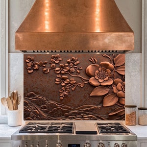 Copper Flowers Tempered Glass Backsplash,Copper Splashback Tile,Backsplash Behind Stove,Glass Backsplash For Kitchen,Splashback Back Cover