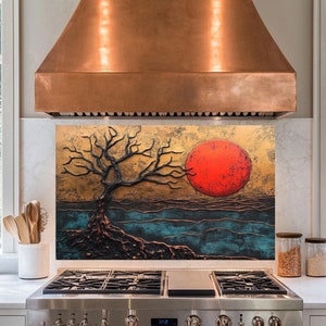 Arbre de vie et lune, dosseret de poêle en verre trempé, couvercle supérieur de poêle, carrelage pour dosseret de cuisine, décoration de cuisine, couvercle arrière de poêle, crédence