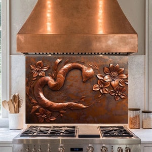 Snake and Flower Tempered Glass Backsplash,Copper Splashback Tile,Backsplash Behind Stove,Glass Backsplash For Kitchen,Splashback Cover