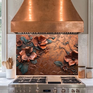 Copper Flowers Tempered Glass Backsplash,Copper Splashback Tile,Backsplash Behind Stove,Glass Backsplash For Kitchen,Splashback Back Cover