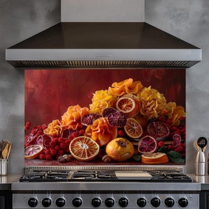 Tempered Glass Fruits Backsplash,Glass Backsplash,Glass Backsplash for Kitchen,Rustic Stove Backsplash,Splash Back Cover