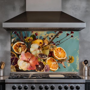 Tempered Glass Fruits Backsplash,Glass Backsplash,Glass Backsplash for Kitchen,Rustic Stove Backsplash,Splash Back Cover