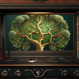 Tempered Glass Tree of Life Kitchen Backsplash,Glass Backsplash for Kitchen,Rustic Stove Backsplash,Stained Splashback for Stove Back Cover