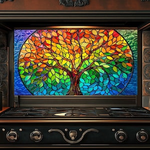 Tree of Life Tempered Glass Kitchen Backsplash,Glass Backsplash for Kitchen,Rustic Stove Backsplash,Stained Splashback for Stove Back Cover
