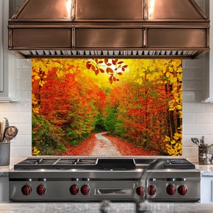 Forest Tempered Glass,Stained Backsplash Tile,Rustic Kitchen Backsplash Behind Stove,Glass Backsplash for Kitchen,Stove Back Cover