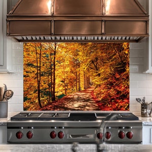 Forest Tempered Glass,Stained Backsplash Tile,Rustic Kitchen Backsplash Behind Stove,Glass Backsplash for Kitchen,Stove Back Cover