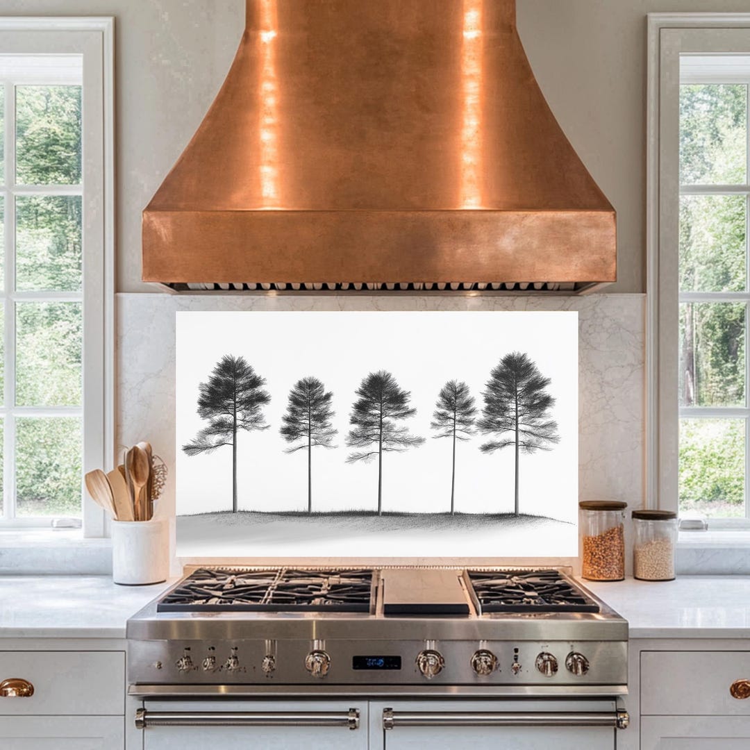 Black White Pine Trees Tempered Glass Kitchen Backsplash Behind Stove ...
