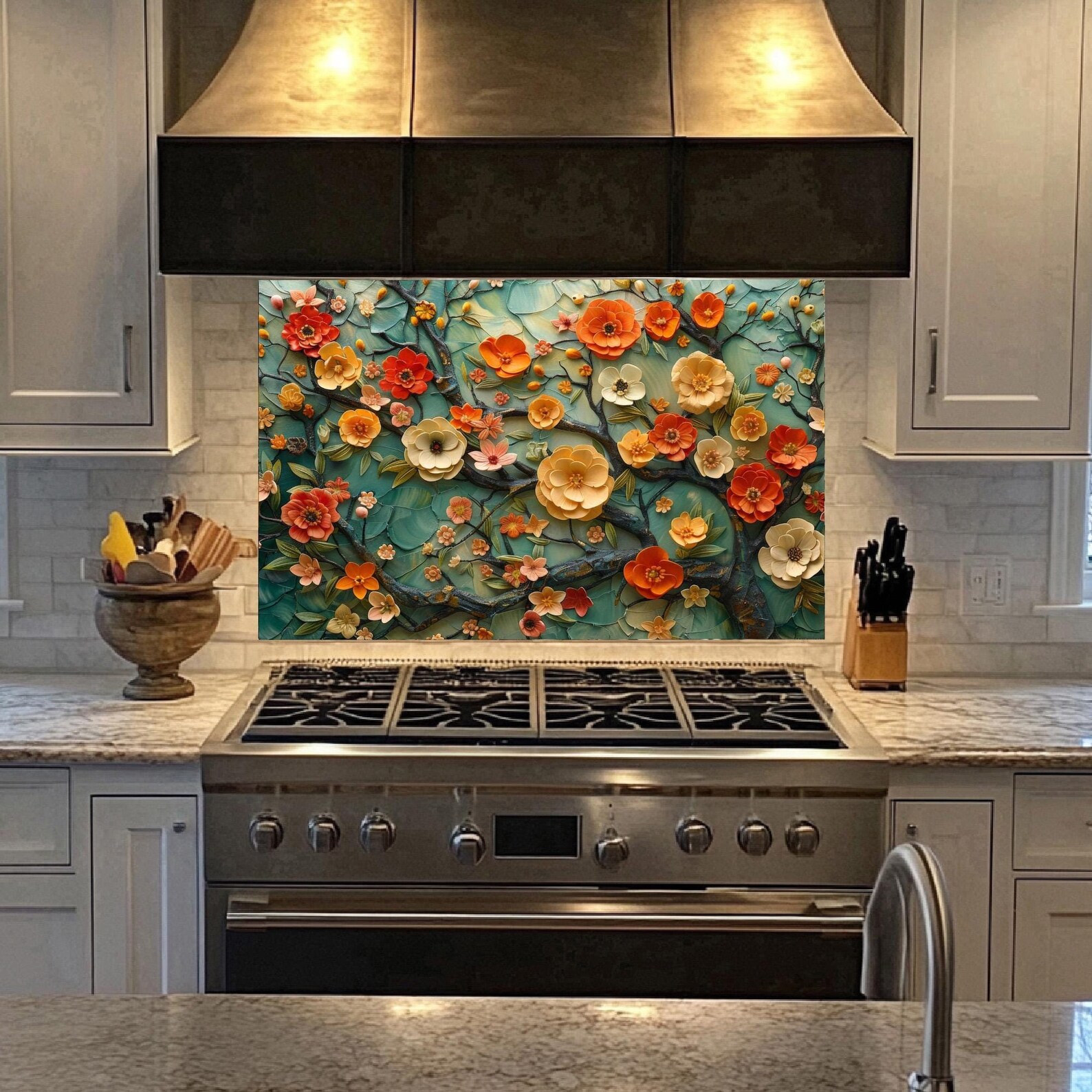 Tempered Glass Flowers Backsplash,kitchen Backsplash Behind Stove,glass ...