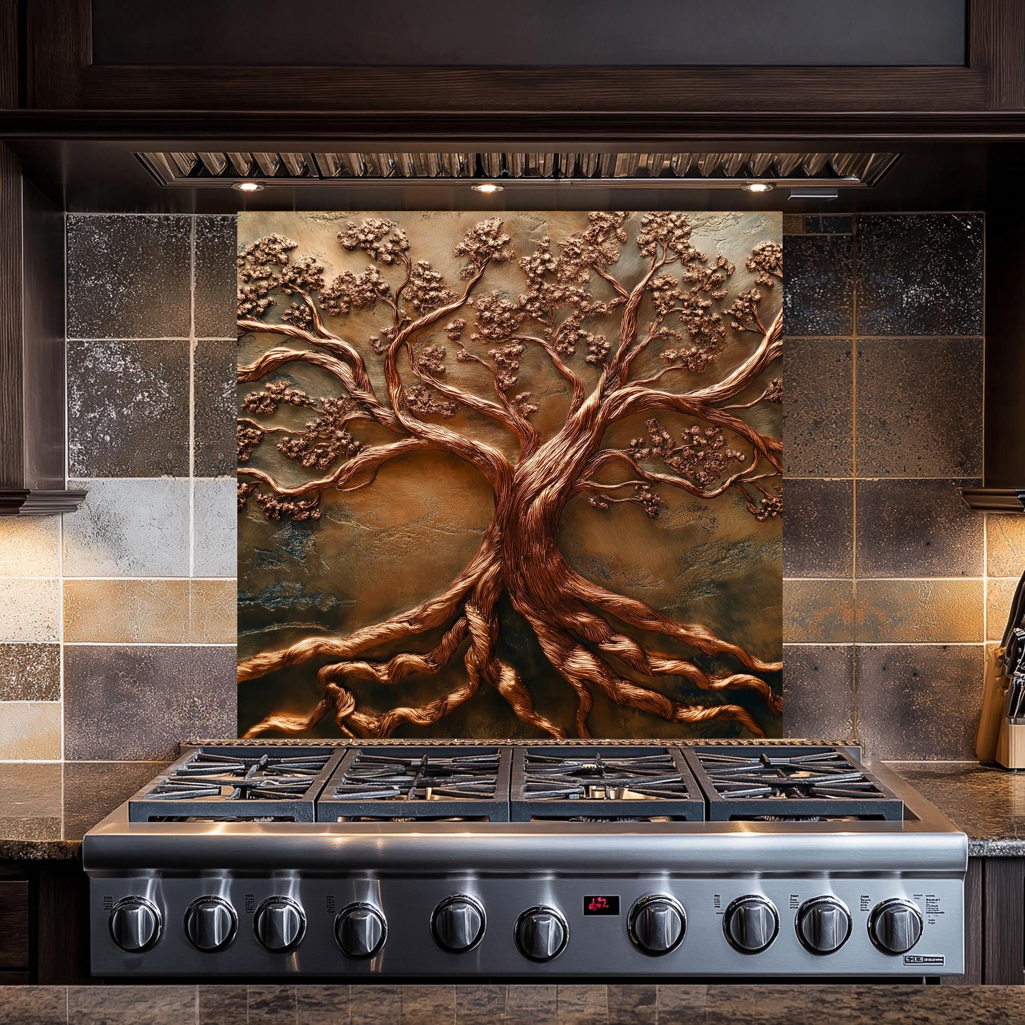 Tempered Glass Kitchen Backsplash – Black Tree Of Life Design, 48"x24", Heat & Stain Resistant