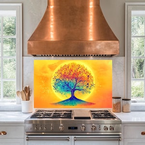 Panneau de crédence arbre coucher de soleil, crédence artistique derrière la cuisinière, crédence pour cuisinière, décoration de cuisine vibrante, carrelage de couverture de cuisinière, crédence