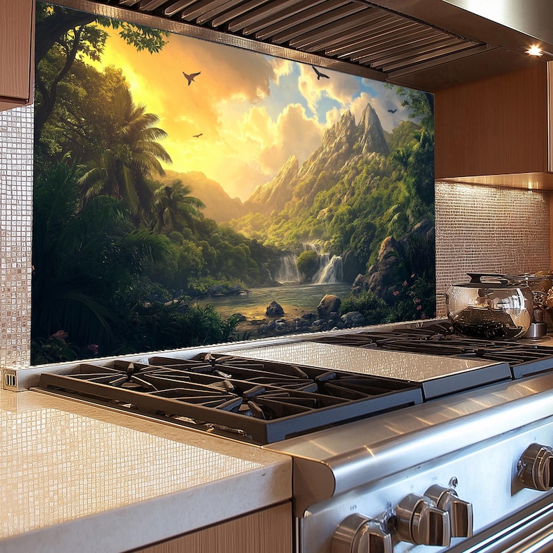 Nature Splashbacks Waterfall Mountain Backsplash, Tempered Glass Stove Panel, Nature ...