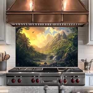 May include: A kitchen backsplash featuring a scenic image of a lush green tropical jungle with a waterfall and a river. The image is printed on a white background and is framed by a copper range hood.