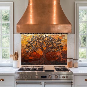 Panneau de dosseret de poêle en verre trempé Arbre de vie, mosaïque de cuivre, couvercle de poêle, carrelage pour dosseret de cuisine, décoration de cuisine, couvercle arrière de poêle