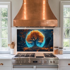 Tempered Glass Tree of Life Kitchen Backsplash,Glass Backsplash for Kitchen,Rustic Stove Backsplash,Stained Splashback for Stove Back Cover