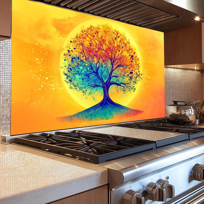 Sunset Tree Backsplash Panel, Behind Stove Splashback Art, Backsplash ...
