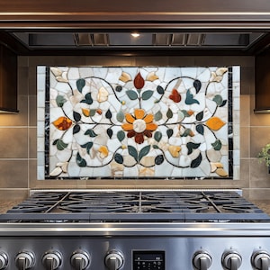 Mosaic Flowers Leaf Glass Backsplash Behind Stove,Kitchen Backsplash Tile,Glass Backsplash for Kitchen,Rustic Stove Backsplash,Splashback