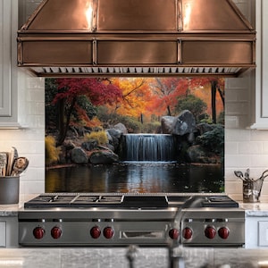 Zen Waterfall Backsplash, Autumn Stove Panel, Tempered Glass Splashback, Heat Resistant Easy Clean, Japanese Garden Kitchen Decor,Splashback
