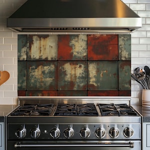 Roestige keukenachterwand van gehard glas achter het fornuis,glazen achterwand voor keuken,rustieke keukenachterwand,achterwand fornuis,achterwand fornuis,achterwand fornuis