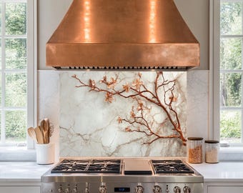 May include: A copper range hood with a white marble backsplash featuring a copper-colored floral design. The stovetop is stainless steel with five burners.