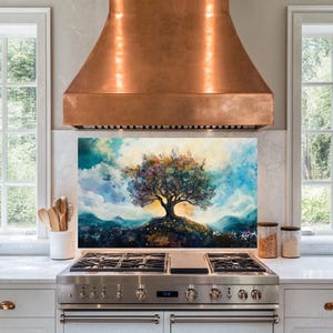 Panneau de dosseret d'arbre coloré, crédence artistique derrière la cuisinière, dosseret de cuisine pour cuisinière, couvercle de dessus de cuisinière, décoration de cuisine vibrante, crédence